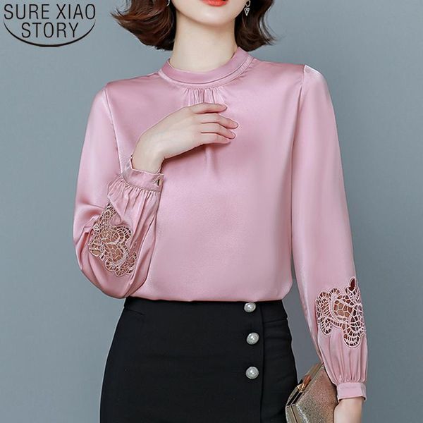 

women's blouses & shirts elegant hollow blouse women autumn 2021 office lady satin solid pullover shirt lantern long sleeve 11088, White