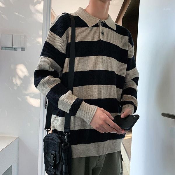 

men's sweaters korean striped lapel sweater men's warm fashion retro casual knitted pullover men autumn winter knitting mens cloth, White;black