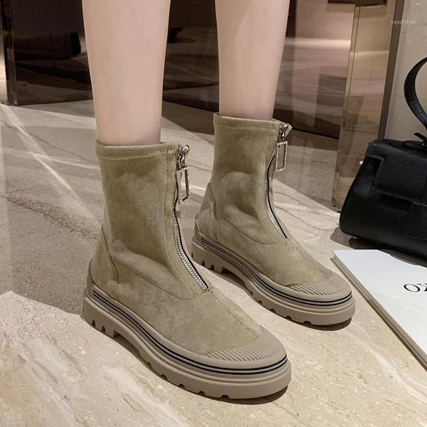

women fashion front zipper flock boots round toe flat heels ankle boots woman casual autumn winter platform botas mujer1, Black