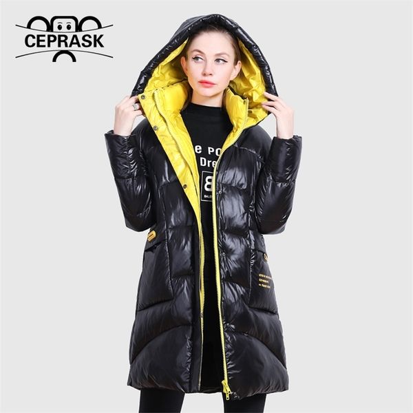 

ceprask new winter jacket women bright colors clothing brand coat collar hooded parka loose cut outwear plus 201225, Black