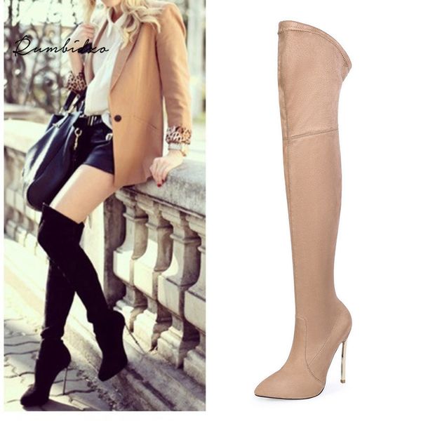 

rumbidzo women boots autumn winter slim thigh high boots stretch faux suede over the knee boots high heels plus size 43 t200425, Black