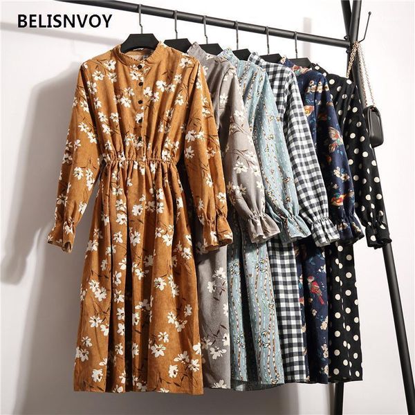 

autumn winter women corduroy dresses casual high elastic waist floral printed party dress female retro dress vestidos1, Black;gray