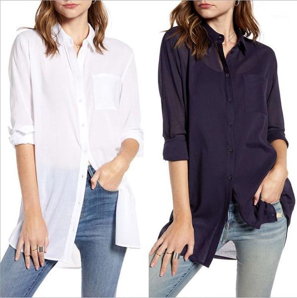 

women's solid blouse casual loose long sleeve shirt female turn down collar tunic spring summer irregular hem ladies blouse1, White