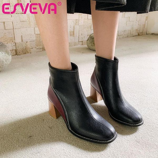

esveva 2021 mixed color elegant pu leather ankle boots autumn ladies zipper square high heel elegant women shoes size 34-43, Black