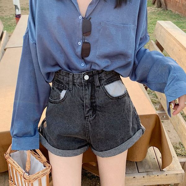 

2021 new female summer high-legged blue denim vintage women's shorts solid color jeans go82, White;black