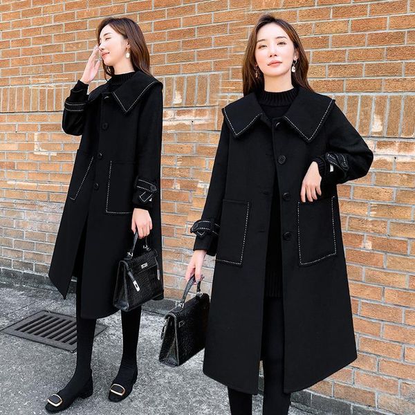 

2020 autumn and winter new double-sided woolen coat women mid-length high-end slimming navy collar black woolen coat