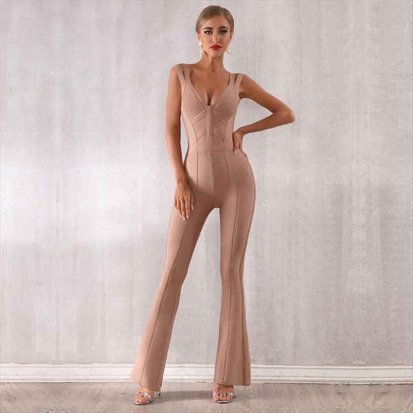 

winter celebrity party bandage jumpsuit women spaghetti strap v neck nightclub full length jumpsuit vestidos woman clothing, Black;white