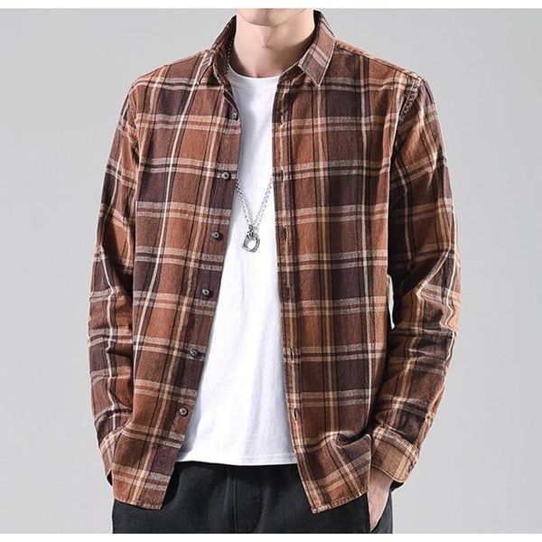 

men's casual shirts shirt for men japan style retro loose plaid clothing long sleeve turn down collar blouses, White;black