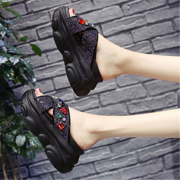 

2021 new women nine inches high heels into the air will see sequins sandals girl chunky open toed beach slippers b8qi, Black
