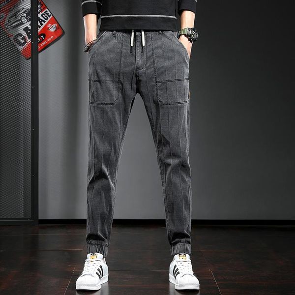 

fashion stripe casual pencil pants men dark gray drawstring denim trousers korean streetwear, Black