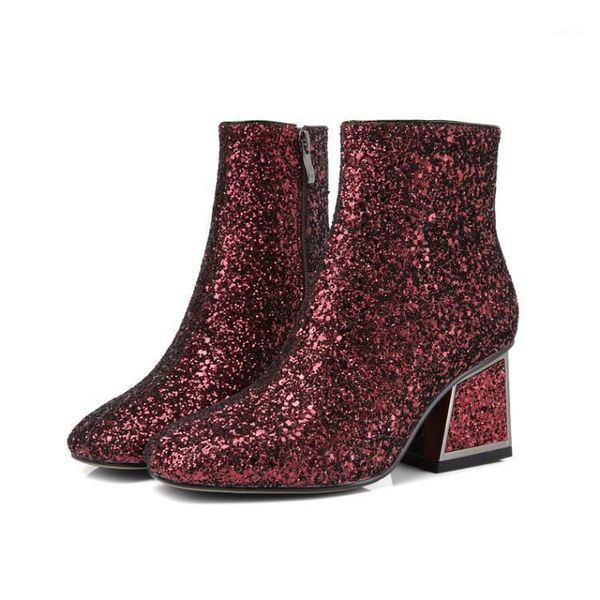 

fashion woman sequined ankle boots woman low chunky heel ankle boots1, Black