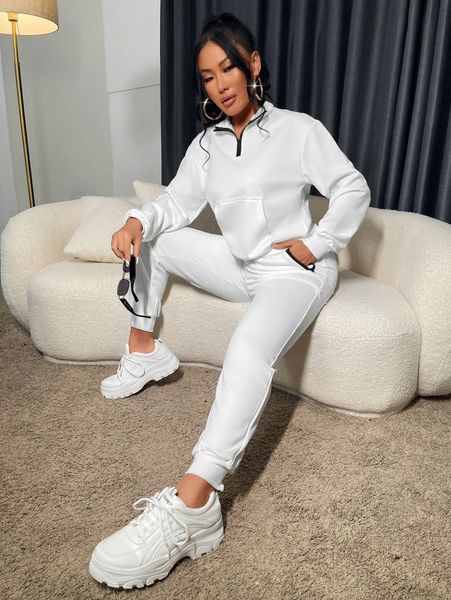 

sxy half zip drop shoulder sweatshirt & sweatpants v51d#, White