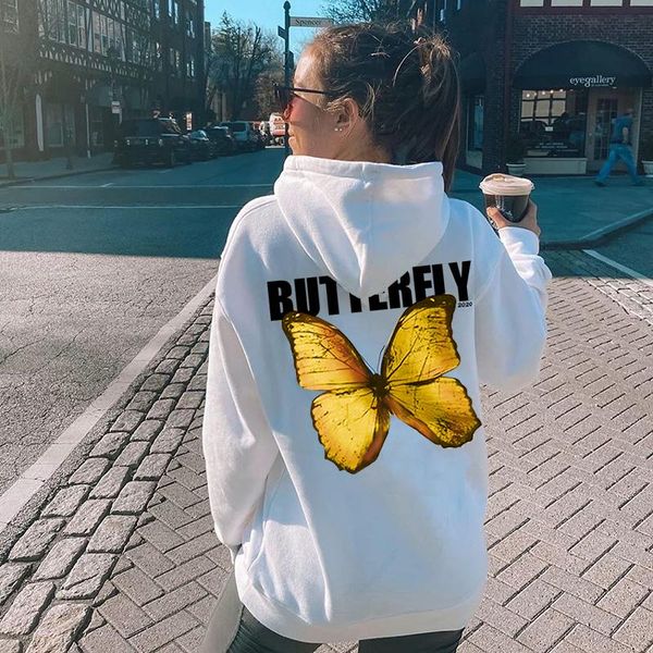 

women's hoodies & sweatshirts butterfly print hoodie women fall streetwear long sleeve drawstring hooded casual pocket for, Black