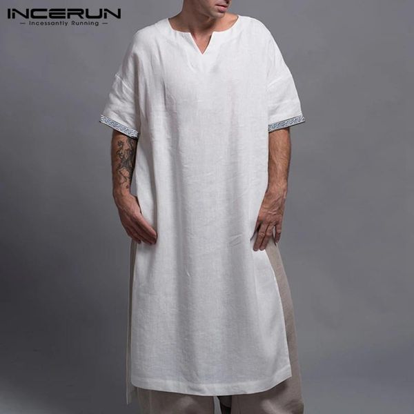 

incerun vintage solid muslim robes men comfy cotton jubba thobe short sleeve v neck saudi style clothing men patchwork robes 5xl, Red
