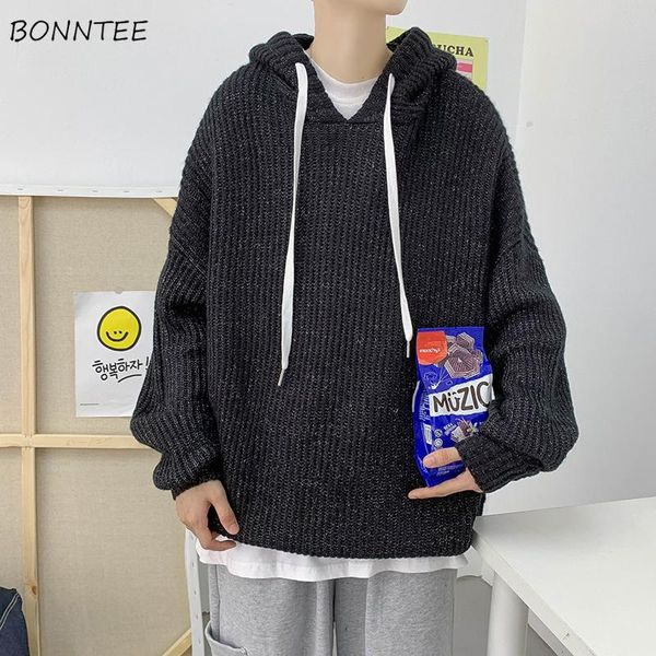 

men's sweaters pullovers men solid hooded extra coarse wool loose male fashion simple knitted all-match bf style streetwear leisure, White;black