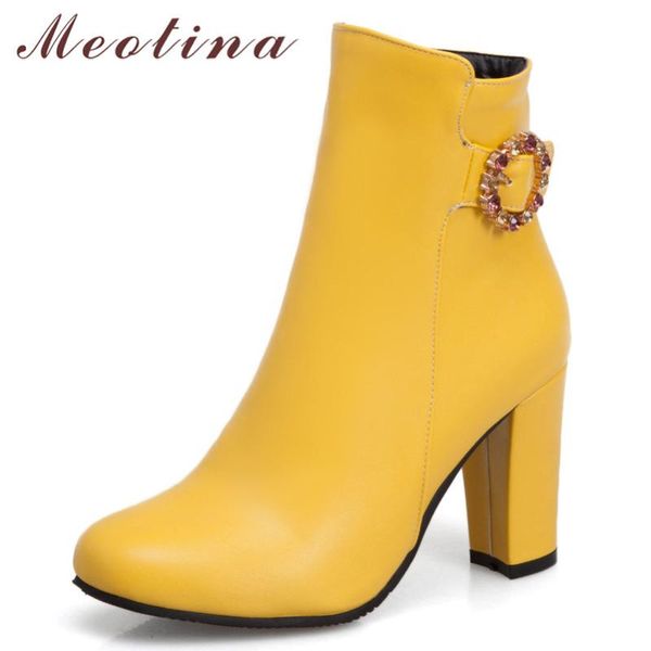 

meotina autumn ankle boots women crystal zip block high heels short boots buckle square toe shoes ladies winter plus size 33-46, Black