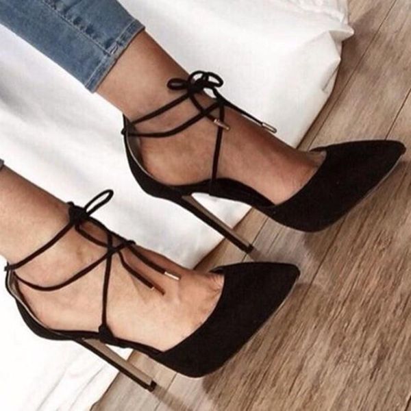 

ashiofu new handmade ladies high heel pumps shoelace ankle strap party dress shoes office evening fashion court shoes, Black