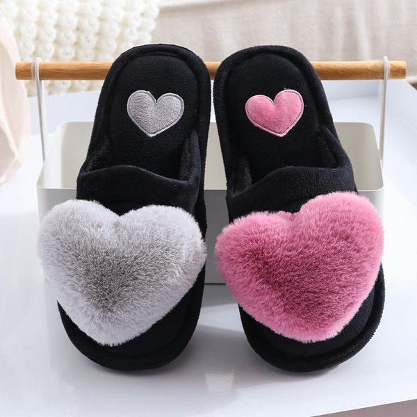 

women cotton slippers ladies winter cute love heart plush flat with indoor non-slip woman fashion warm slippers1, Black