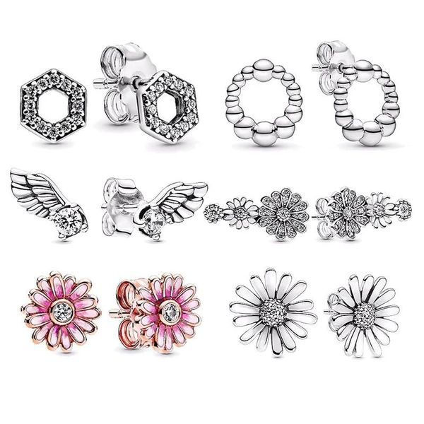 

925 sterling silver pan earring pink daisy square sparkle honeycomb hexagon earrings for women wedding gift fashion jewelry, Golden;silver
