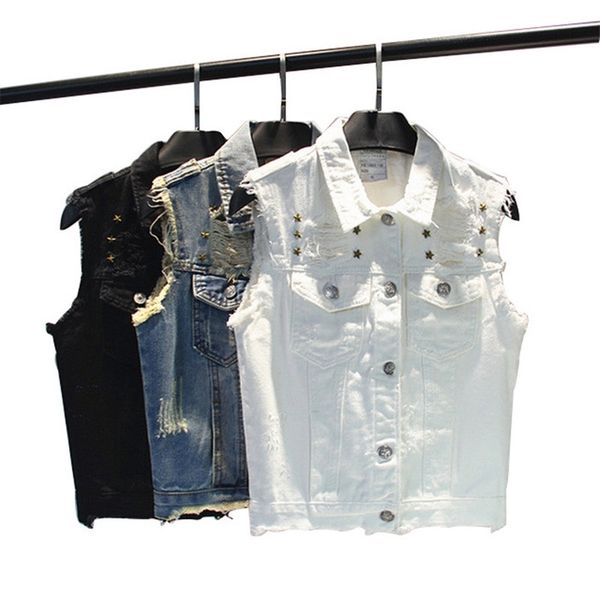

fashion pentagram rivet hole women's denim vest short slim summer sleeveless female jeans jacket vintage veste femme gilet 201102, Black;white