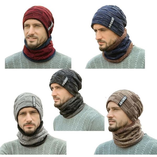 

2 pieces men women winter beanie hat circle scarf set thick plush lined plaid knitted skull cap windproof neck warmer, Blue;gray