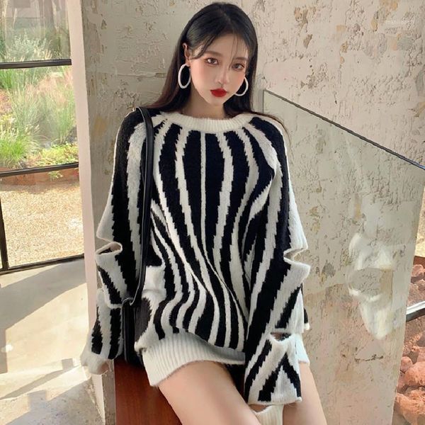 

new winter 2020 o-neck zebra striped hollow out knitted long sleeve pullover fashion streetwear style loose sweater knitwear1, White;black