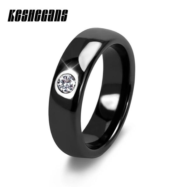 

wedding rings classic black white smooth ceramic ring with 1 shining crystal gift for women girl fashion jewelry party 6mm wide, Slivery;golden