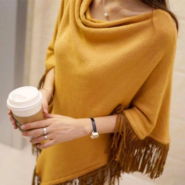 

2019 women winter autumn knitted sweater poncho coat solid elegant pullover jumper irregular tassel hem cape cloak pull femme1, Black