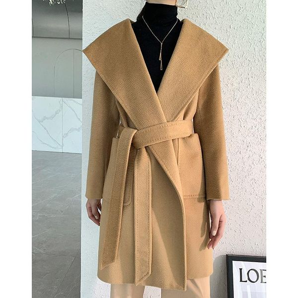 

women's wool & blends m long, camel hair coat the woman 2021 woolen cloth rialto hooded water ripple, Black