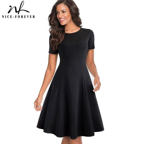 

nice-forever vintage elegant round neck brief pure color vestidos a-line pinup business party women flare black dress a1101, Black;gray