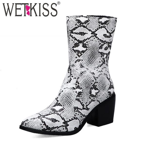 

boots wetkiss snake skin pu ankle women cuban heel high western booties pointed toe shoes female lady winter plus size 44, Black