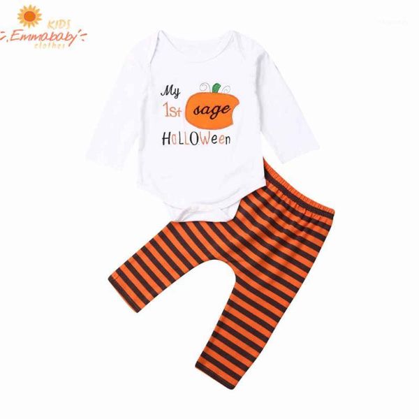 

2020 new 0-24m toddler baby girls halloween clothes my 1stage halloween printed long sleeve romper +stripe pants set1, White