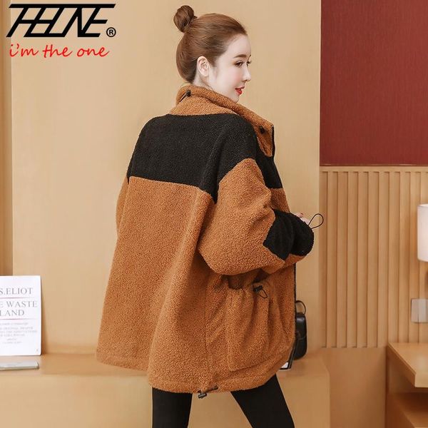 

thhone autumn winter plus size lamb wool coat women loose fleece thick parka casual warm overcoat abrigos mujer invierno femme, Black