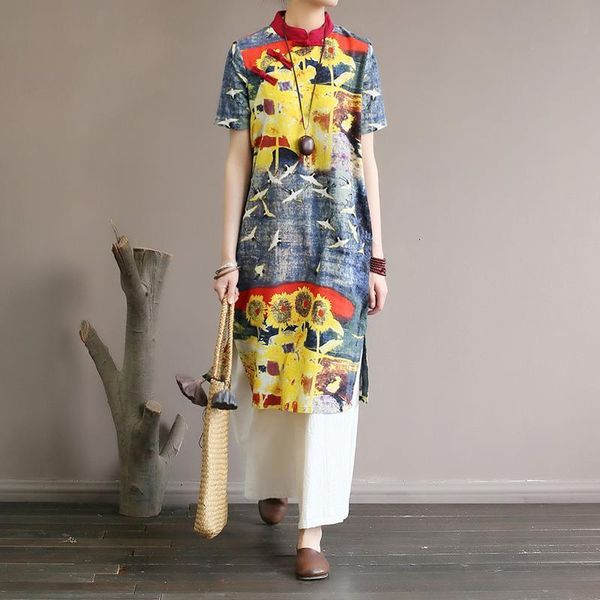 

improved republic of china style women's dress with chinese inclined placket buckle long printed cotton drop shipping, Black;gray