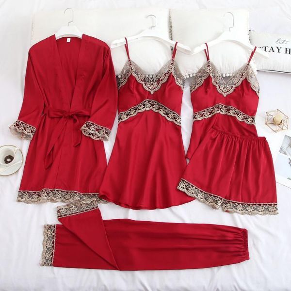 

satin women 5pcs sleep set intimate lingerie casual sleepwear kimono bathrobe gown nightgown silky homewear nightwear pajamas1, Black;red