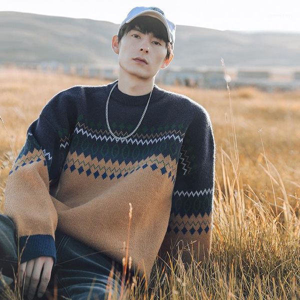 

sweater men's retro harajuku style long sleeve printed geometric pattern bottoming sweaters autumn winter loose o-neck 1, Black;white