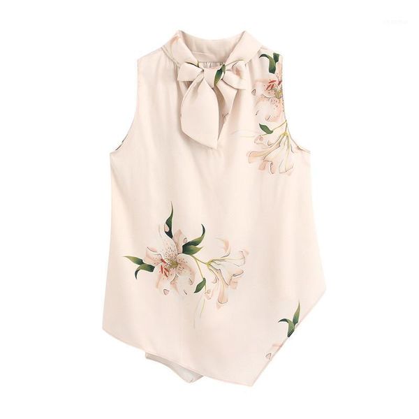 

elegant asymmetry floral print women blouses bow tie collar sleeveless office lady shirts 2020 casual blusas mujer1, White