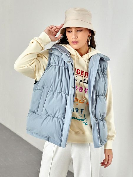 

snap button up puffer vest coat q9bt#, Black