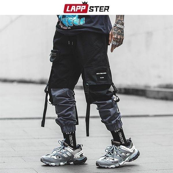 

lappster pachwork cargo pants streetwear hip hop ribbons joggers pants men japanese style black casual track pants fashions 201109