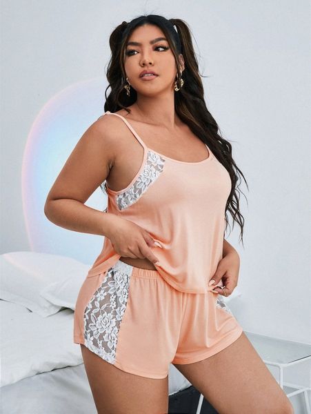 

plus contrast lace cami & shorts pj set p9qx#, Black;white