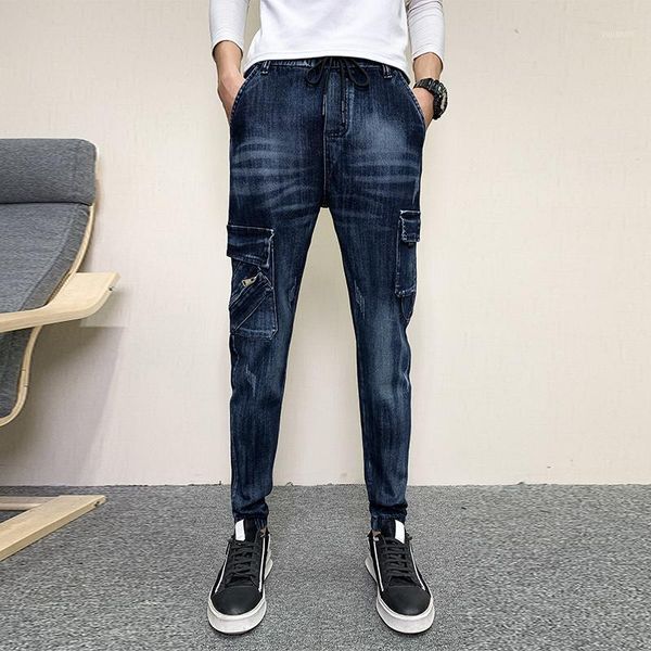 

fashion new jeans men korean slim fit casual denim mens pants all match streetwear side pockets solid jeans trousers men 2colors1, Blue