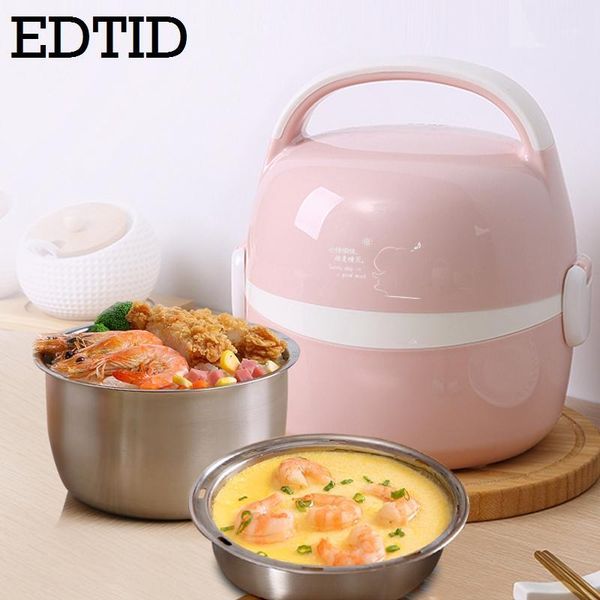 

edtid mini electric rice cooker stainless steel 2 layers steamer portable meal thermal heating lunch box container warmer1