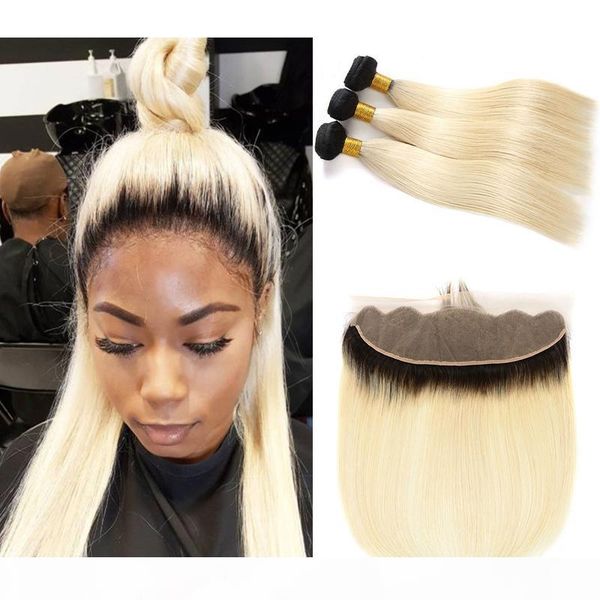 

two tone #1b 613 ombre brazilian human hair weaves with frontal with baby hair black blonde straight hair bundles with lace frontal, Black;brown