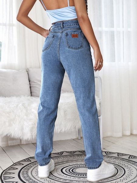 

high waist washed straight leg jeans c25t#, Blue