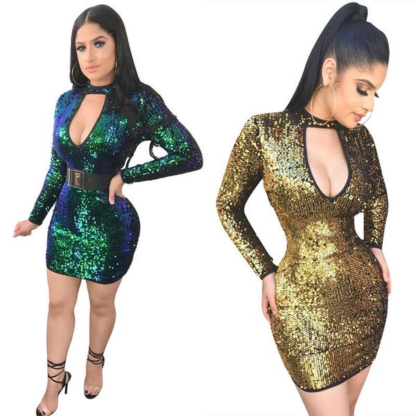 

ls6044 women's sequins slim low cut dress, Black;gray