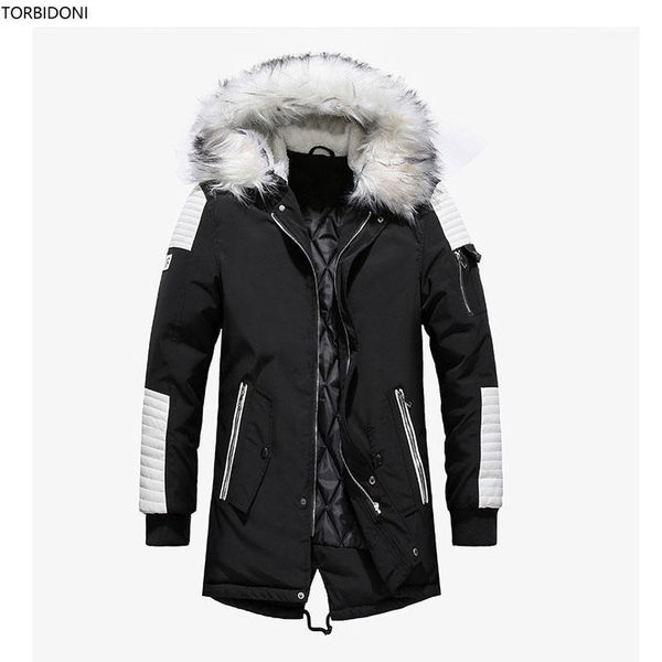 

brand winter coat men casual hooded long padding patchwork parka male faux fur hat thicken warm winter jacket zipper outwear1, Black