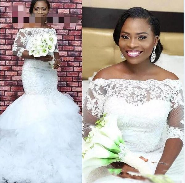 

half long sleeve off shoulder elegant mermaid wedding dresses pure white plus size lace appliques beaded bridal gowns plus size