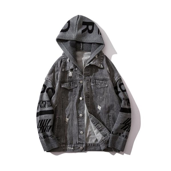 

men's jackets original letter denim hooded jeans jacket 2021 autumn japanese hip hop chaqueta hombre long sleeve coats, Black;brown