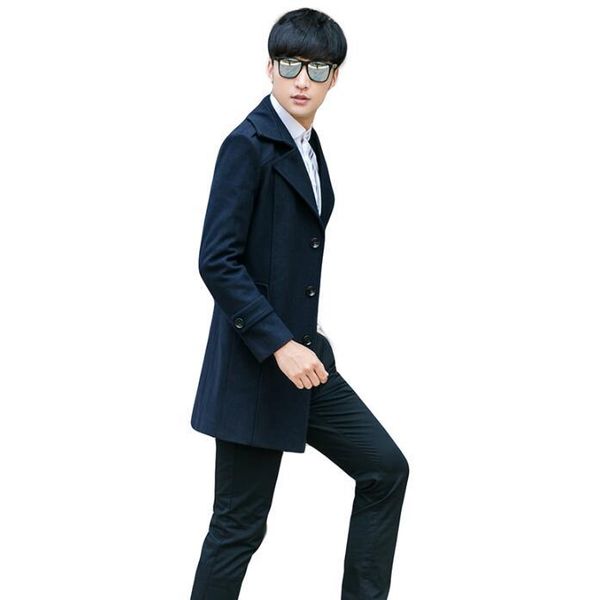 

men's wool & blends blue casual woolen coat men trench coats single-breasted cloth long sleeves overcoat mens cashmere casaco masculino, Black