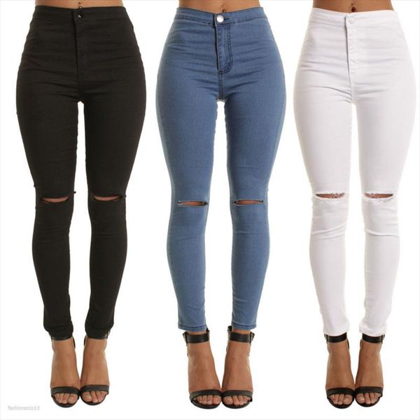 

2020 plus size button women jeans high waist hole pants jeans for women high elastic skinny stretchy pants lift hips, Blue